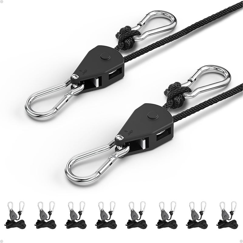 EVMANZ 1/8" Adjustable Grow Light Hangers: 8 Pack Easy of Use Ratchet Ropes - Quick Hanging Accessories for Grow Tent - Image 1